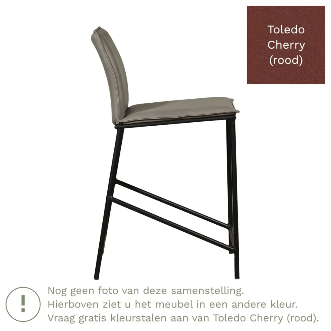 afbeelding van Leren barkruk laag Favor - Toledo Cherry (rood) - poten staal rond zwart